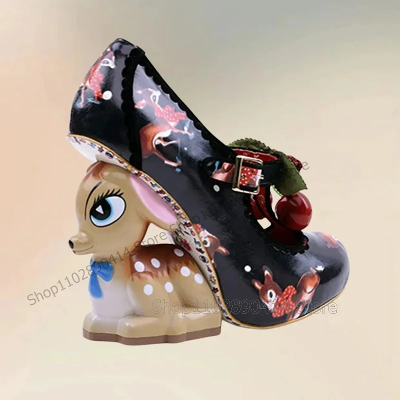 

Animal Print Cherry Design Deerlet Heel Pumps Ankle Buckle Strap Women Shoes Strange Style Heels Novel 2025 Zapatos Para Mujere