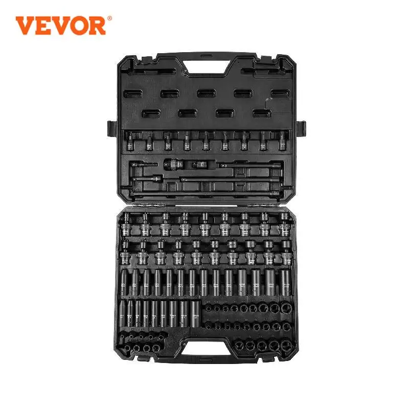 

VEVOR 1/2" 3/8" Drive Impact Socket Set 13/23/33/34/48/65/90PCs SAE or Metric Cr-V/Cr-Mo Socket Set 6 Point Alloy Steel Repair