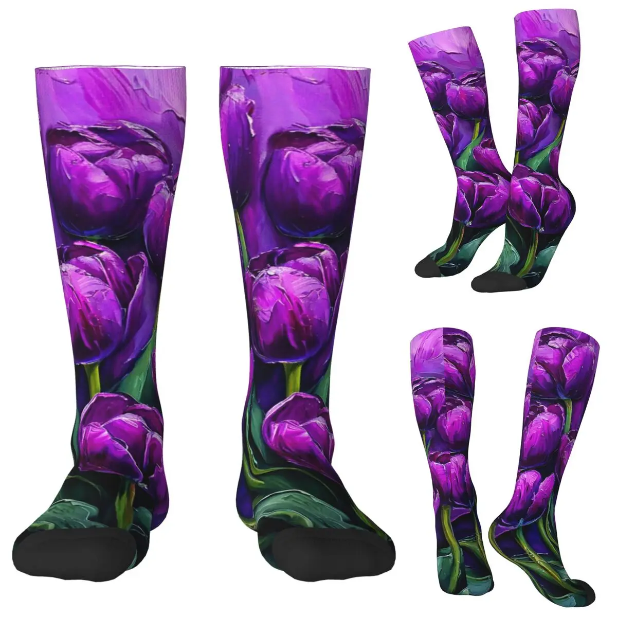 Purple Tulip Oil Painting Print Socks Harajuku Stockings All Season Long Socks Accessories for Unisex Birthday Present