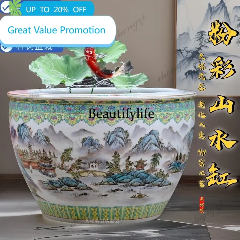 B178 Jingdezhen hand-painted landscape painting ceramic goldfish tank painting tank living room study ornament large