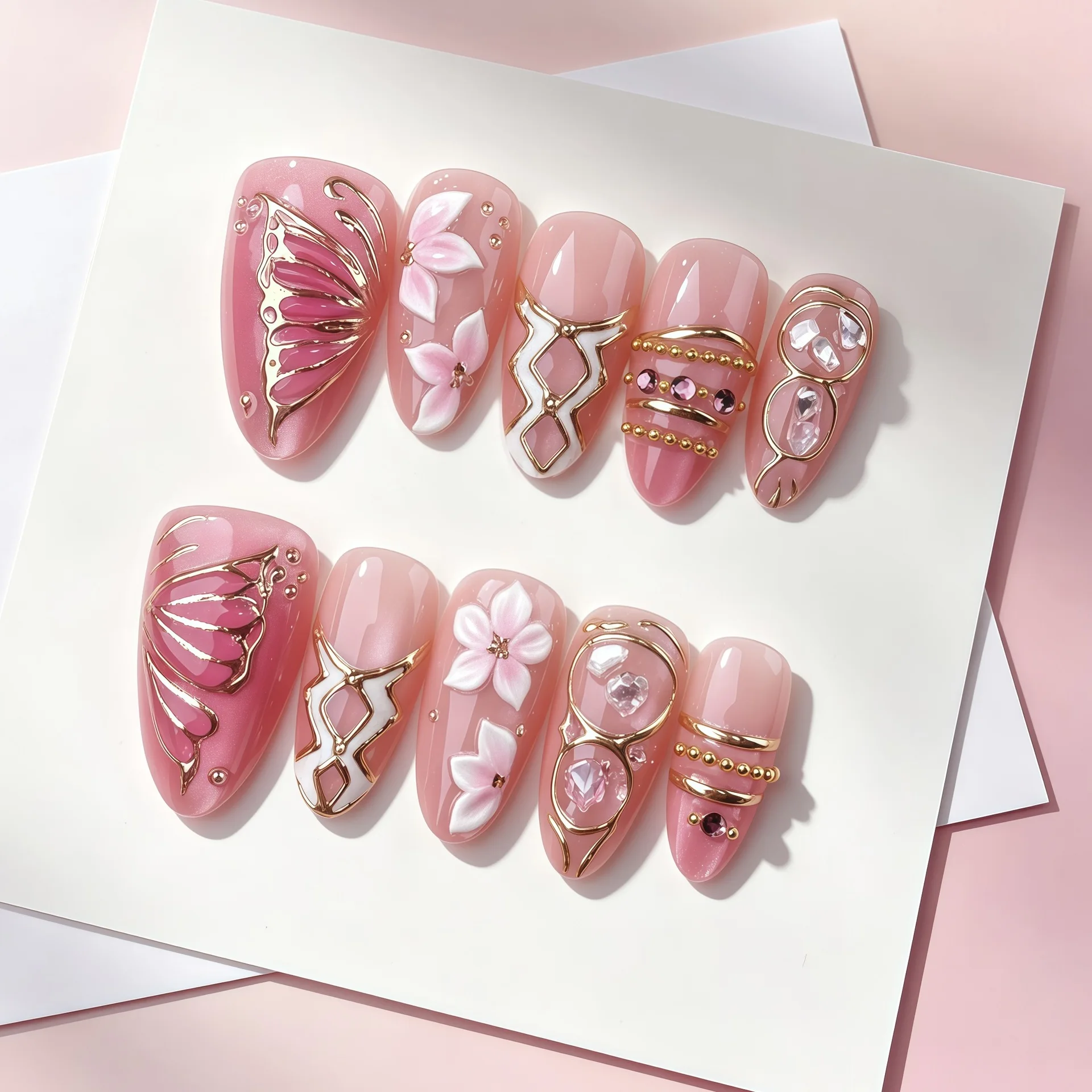 24Pcs Pink Gradient Cat's Eye Press on Nails 3D Flower Gilded Butterfly Finger Nails Stick on Almond Reusable Diamond Decor Nail