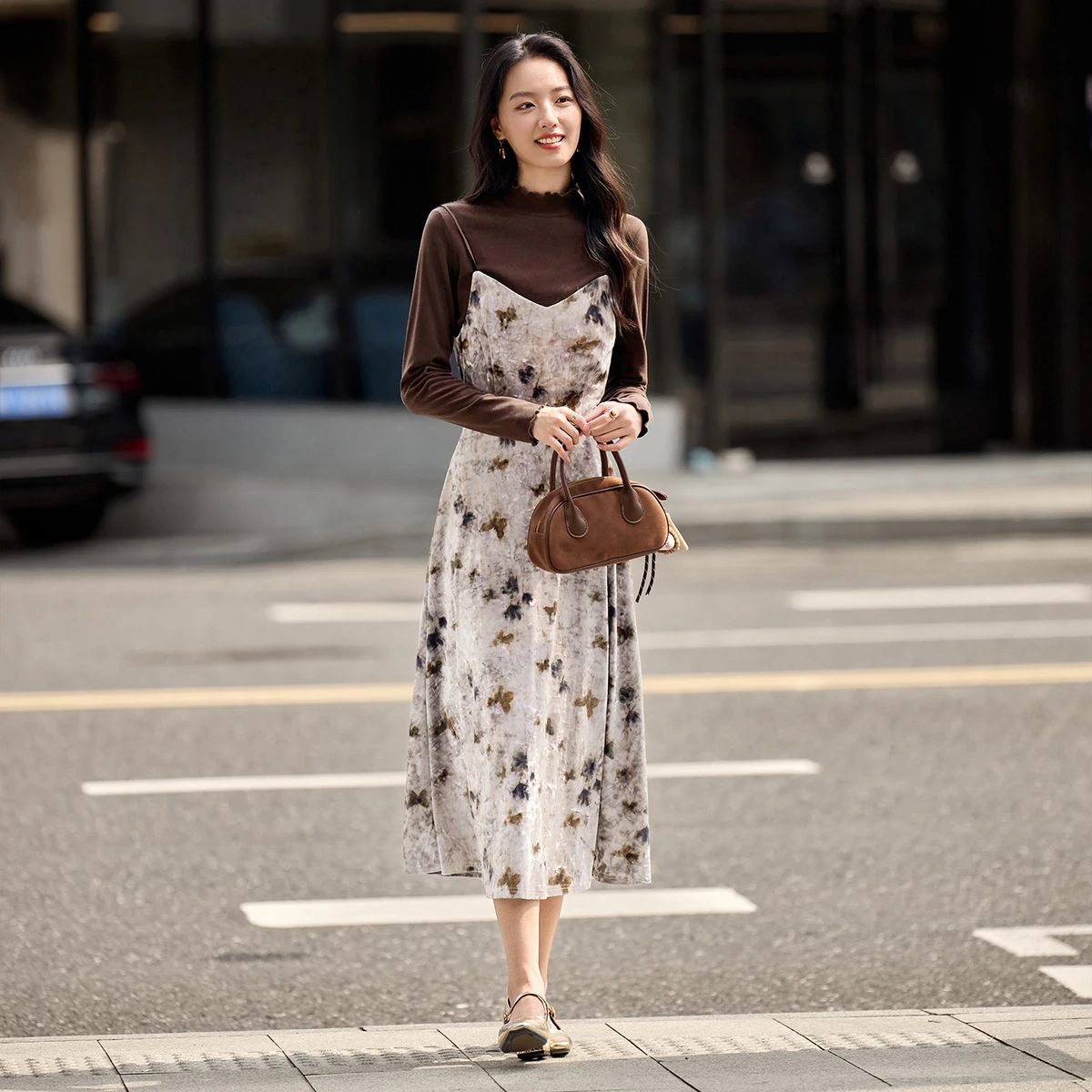 

SENTUBILA Elegant 2 Piece Set for Women 2026 Autumn Long Sleeve Knitted T-Shirt Printed Midi Dress Suit Commute Chic 154ZB3447
