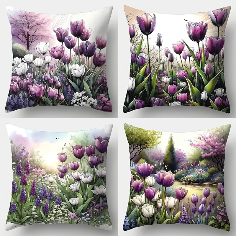 

4-Pack Purple Tulip Floral Pillow Covers, Woven Polyester Decorative Cushion Cases with Zipper for Living Room and Sofa
