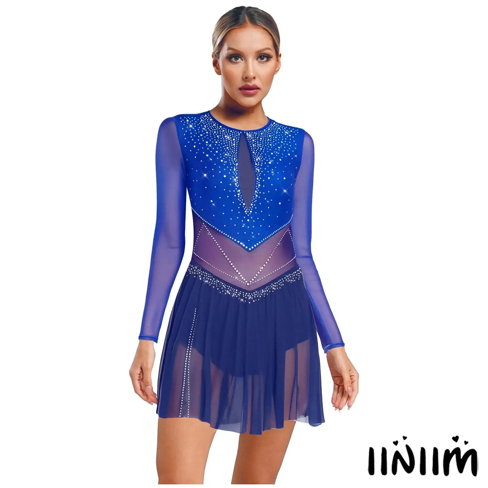 

Elegant Womens Color-Block Long Sleeve Dance Dress with Keyhole Back Sparkling Rhinestones for Figure Skating Performances