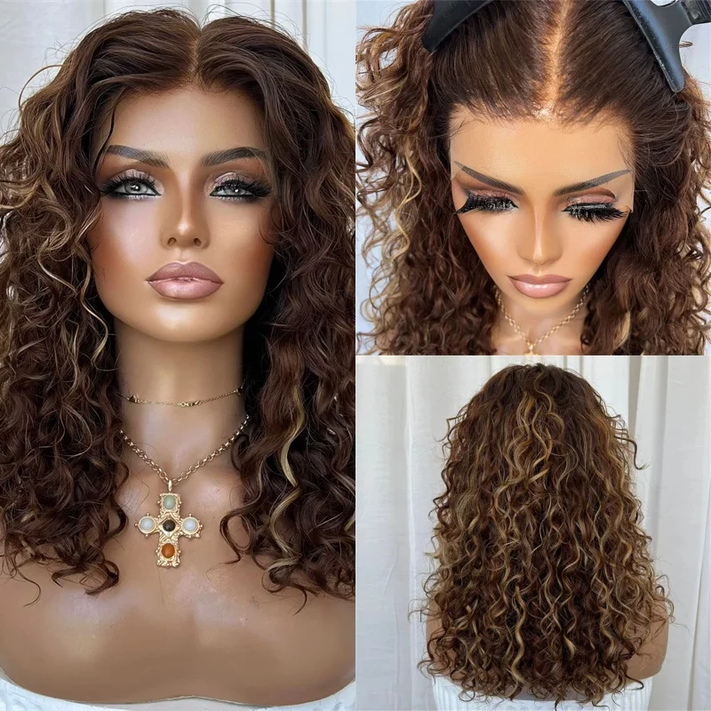 

Ombre Теплый Коричневый Блондин Мелирование Синтетический HD Парик Фронта Шнурка Мягкий Глубокий Вьющийся Парик Натуральная Предварительно Сорванная Линия Волос с Волосами Младенца