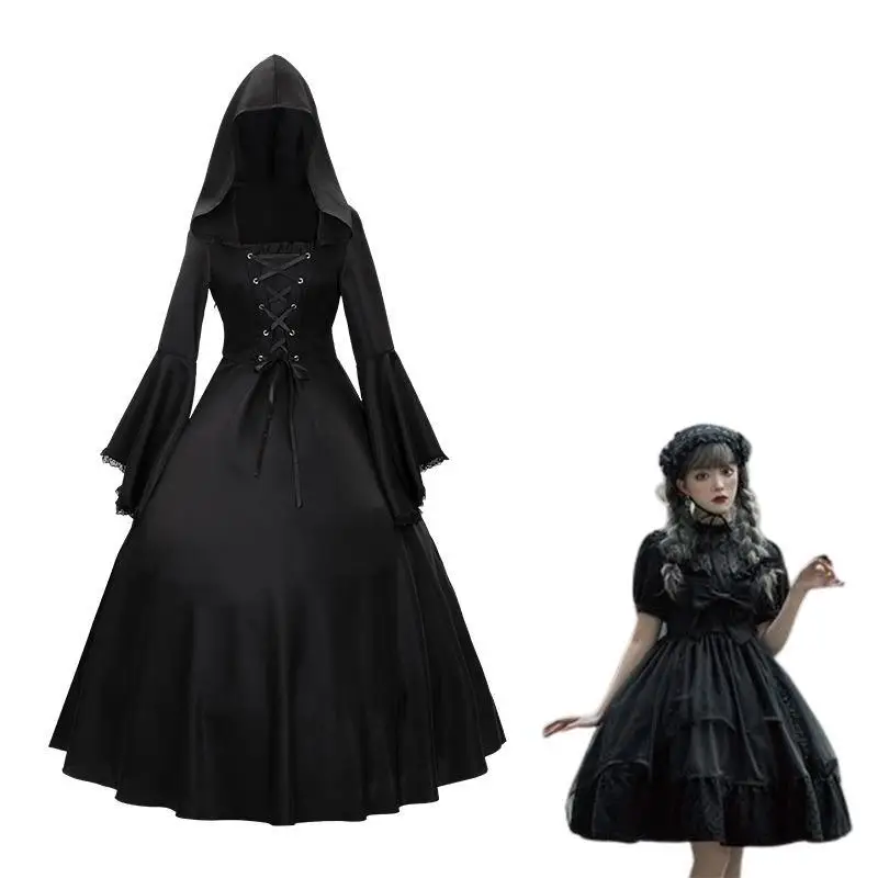

Medieval Gothic Large Size Women's Dr with Flared Sves for Stage Performance And Par loween Costume PU Material
