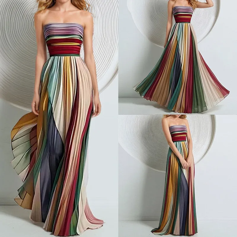 

Elegant Party Dress Women's Long Dresses Prom 2026 Strapless Maxi Dress Colorful Striped Print Pleated Skirt Evening Dress