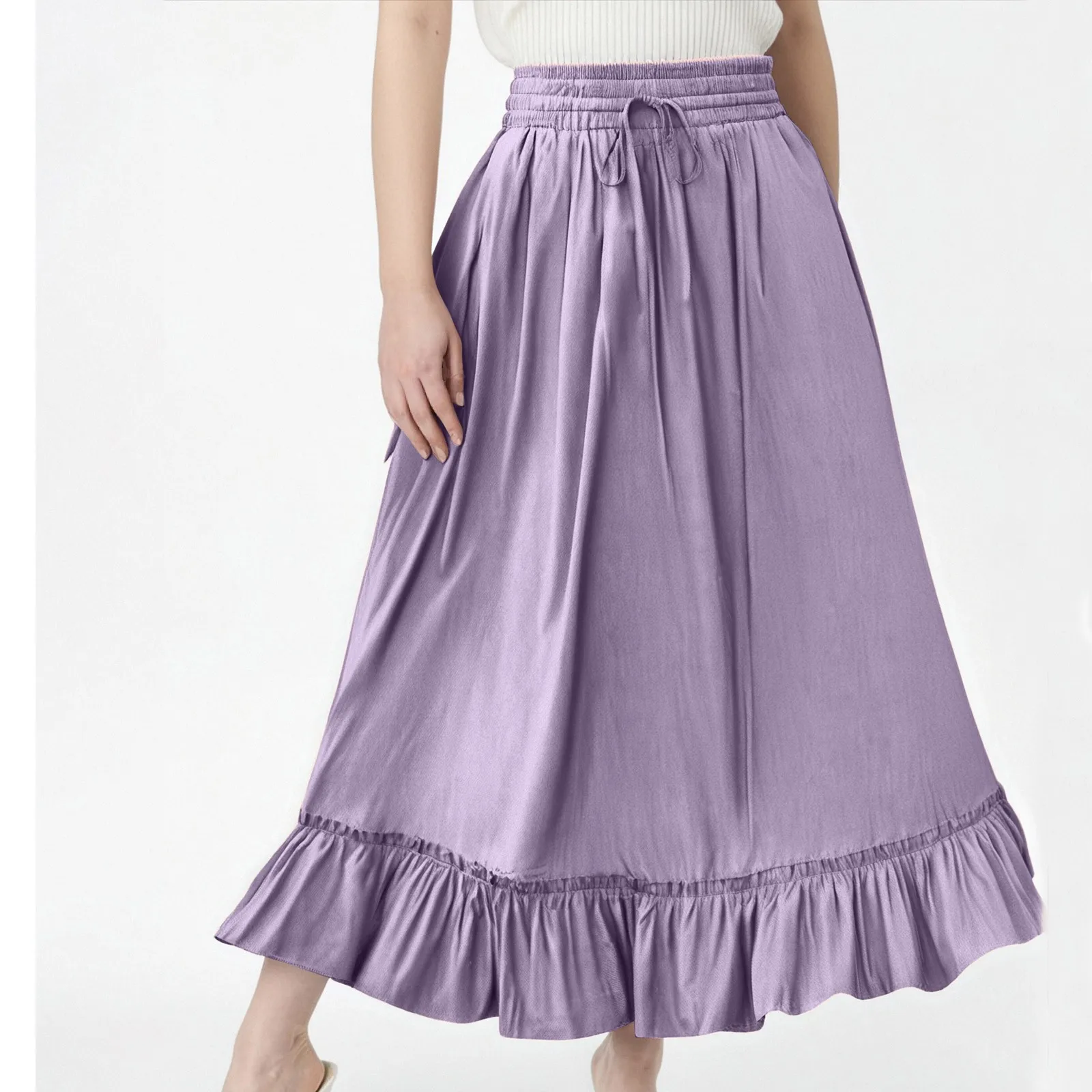 

Summer Dress 2025 Women'S Fashionable And Casual Elastic Waistband Drawstring Black Fungus Edge Pocket Solid Color Skirt