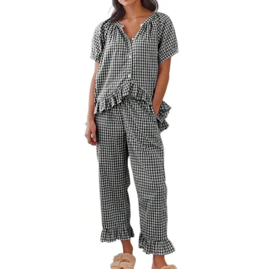 

Женский пижамный комплект из 2 предметов в клетку с рюшами, топом на пуговицах с короткими рукавами и брюками на завязках