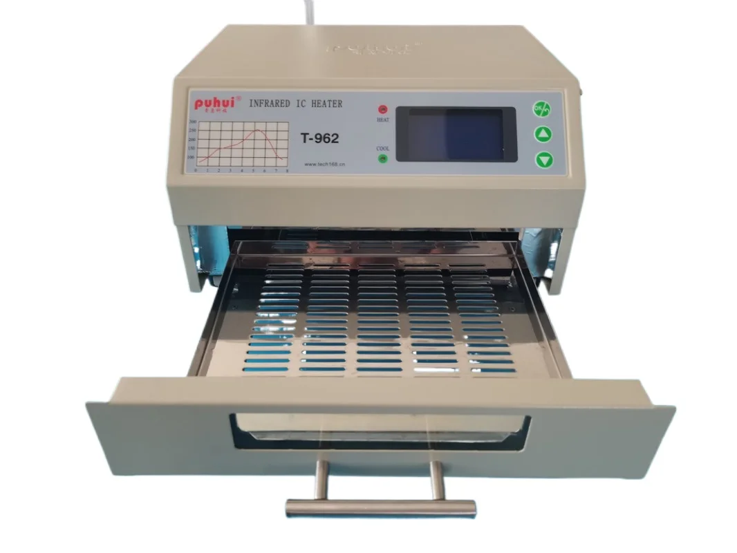 PUHUI T-962 220V Peralatan Reflow Reflow Inframerah dengan Saluran Asap Oven Tungku IC Pemanas BGA Ulang Stasiun