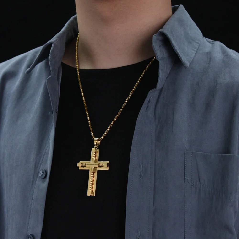 JHSL Male Men Big Cross Pendants Christian Necklace Fashion Jewelry Chain Black Silver Gold Color Stainless Steel New 2024