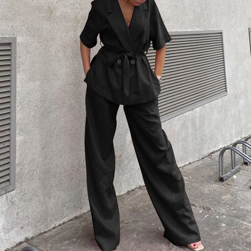 Moda terno colarinho de manga curta algodão linho calças femininas 2 peça verão casual topo amarrando calças bolso terno feminino