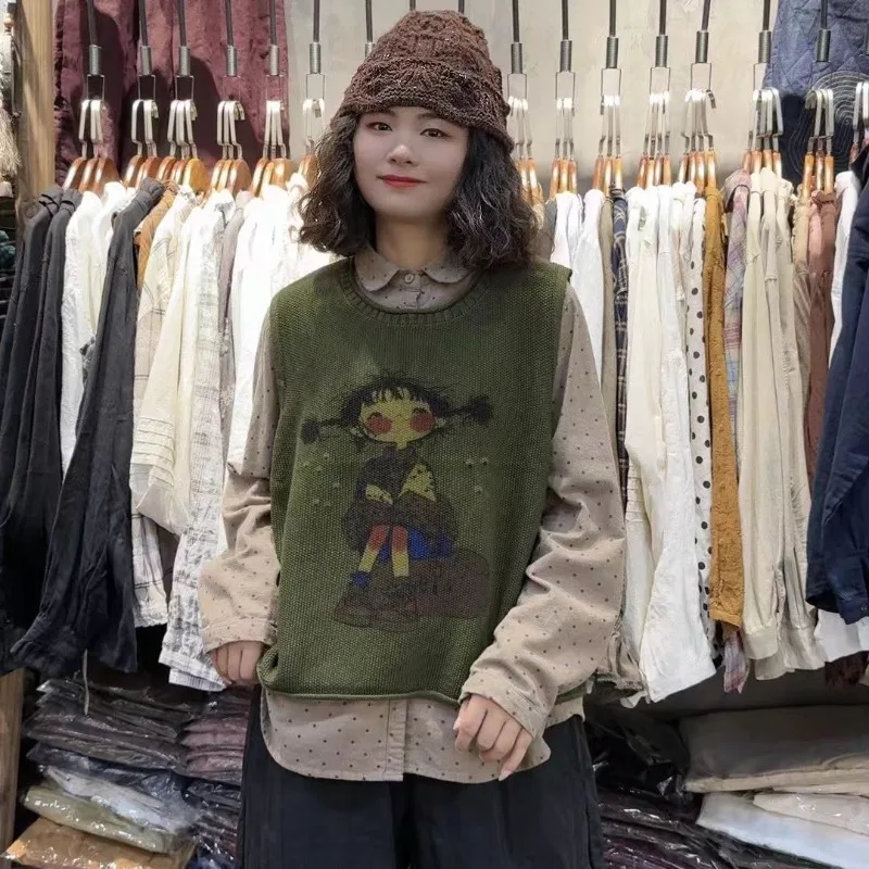 

Popular Personality Vest Knitted Vest Loose Sleeveless Round Neck Trendy Cartoon Print Sleeve