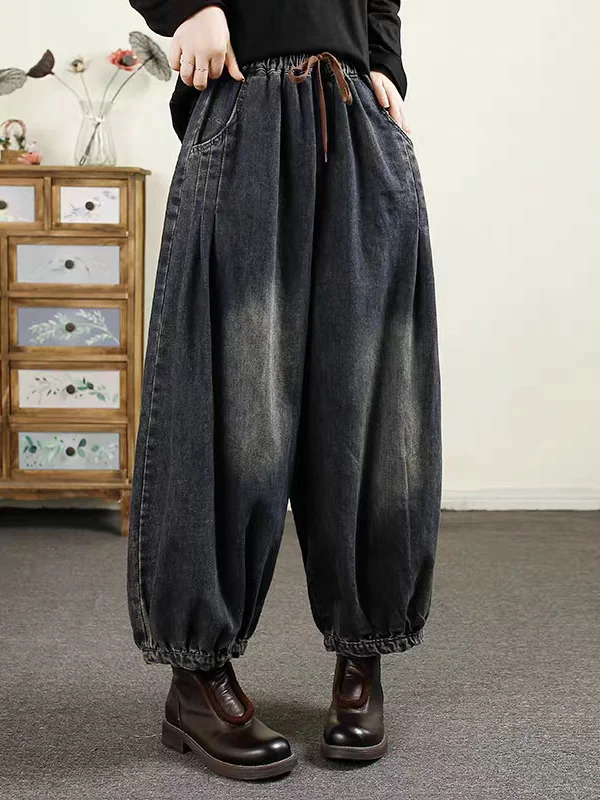レトロな大きいサイズの色あせたジーンズ女性の秋冬ルーズ弾性ウエスト痩身ランタンパンツ多用途ハイウエストコットンジーンズ