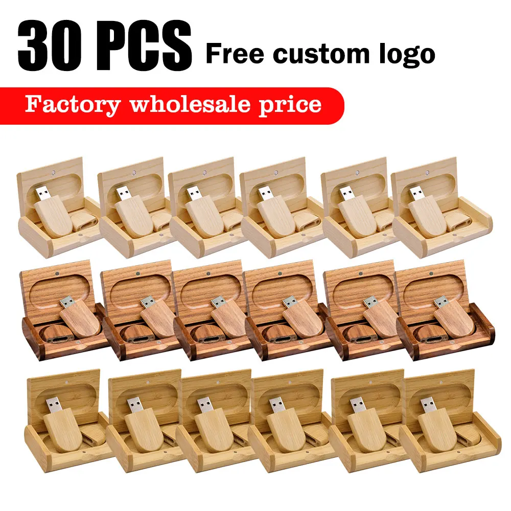 30 PCS LOT USB Flash Drives 128GB Wooden Box Pen Drive 64GB Free Custom Logo Memory Stick 32GB 16GB Photography Wedding Gifts