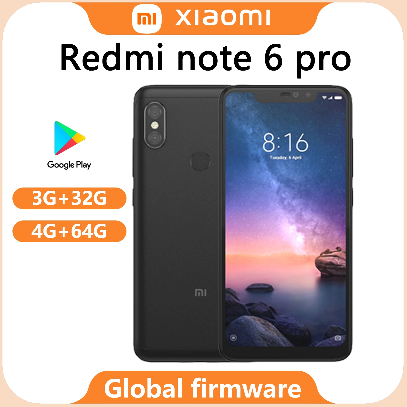 Ponsel cerdas Rom Global Xiaomi Redmi Note 6 Pro, Snapdragon 6366.26 inci 2280x1080 piksel 4000mAh