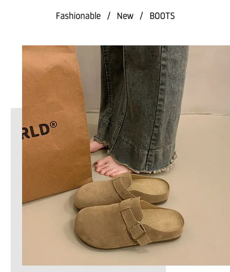 Damen-Wildleder-Pantoletten mit geschlossener Zehenpartie, verstellbare Schnalle, flache Clogs zum Überziehen, Retro-Freizeit-Outdoor-Schuhe ohne Rücken. – Detail 12