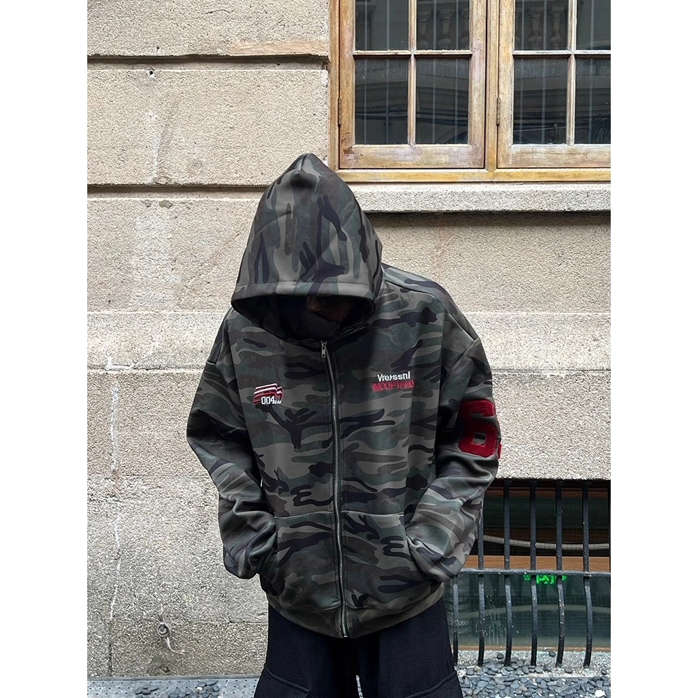 

Осенне-зимняя мужская толстовка-кардиган большого размера с камуфляжным принтом, свободного кроя, в стиле хип-хоп, с вышивкой, из плотной полиэстеровой ткани, модная