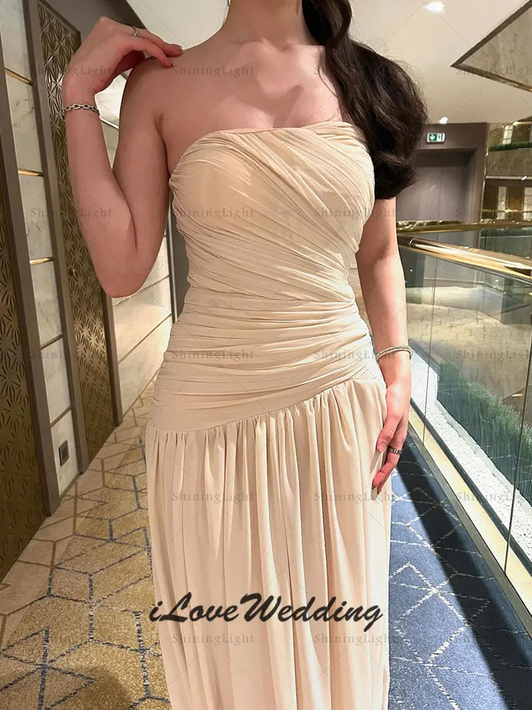 ShiningLight A ラインストラップレスイブニングドレスサウジアラビアシフォンロングウエディングドレスドバイパーティードレスローブドソワレカスタマイズ