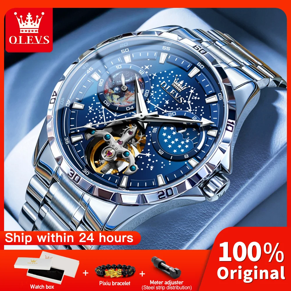 OLEVS 6689 Business Mens Watch Waterproof Multifunctional Luminous Fully Automatic Mechanical Watch Moon Phase Starry Disk Watch