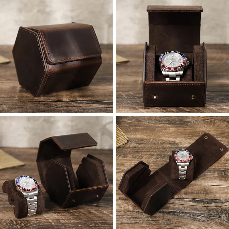 Handcrafted Crazy Horse Leather Watch Box Single Unit Creative Hexagonal Design Outdoor Travel Watch Storage Case