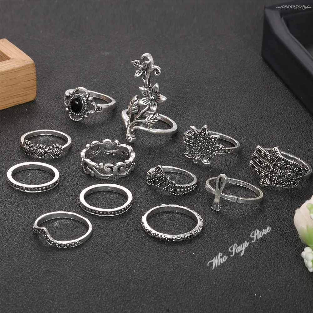 12pcs/set Bohemian Rings for Women Antique Silver Color Ring Boho Indian Jewelry Vintage Midi Knuckle Ring Finger Bijoux Femme