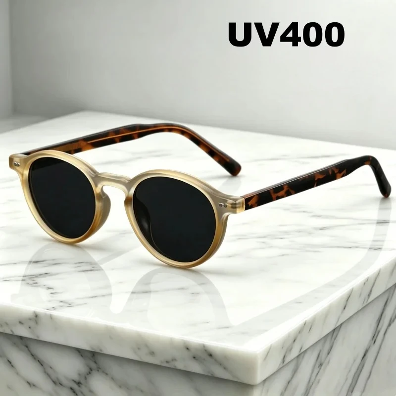 High-Quality Frame Acetate Sunglasses for Men Small Round Frames Retro Lens Unisex Trendy Summer Sunscreen Glasses