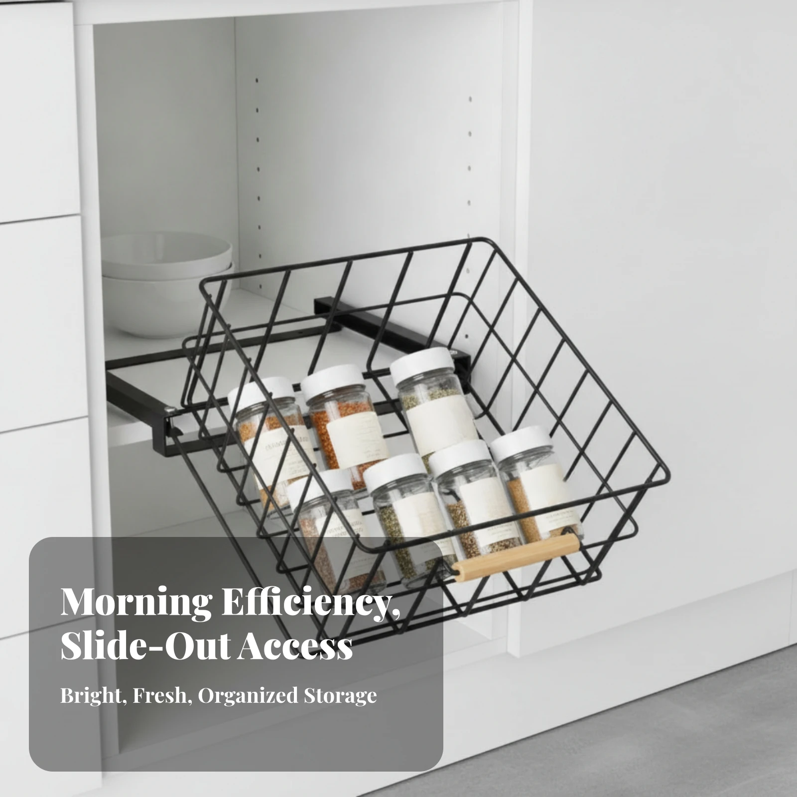 Pull-down Kitchen Cabinet Storage Basket Space Saving Pull out Cabinet Organizer with Wooden Handle for Compact Kitchens