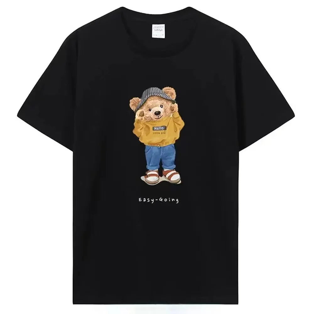 Printed bear fashion casual men\'s summer 100% cotton T-shirt short sleeve top loose crew neck bottom shirt fashion casual solid