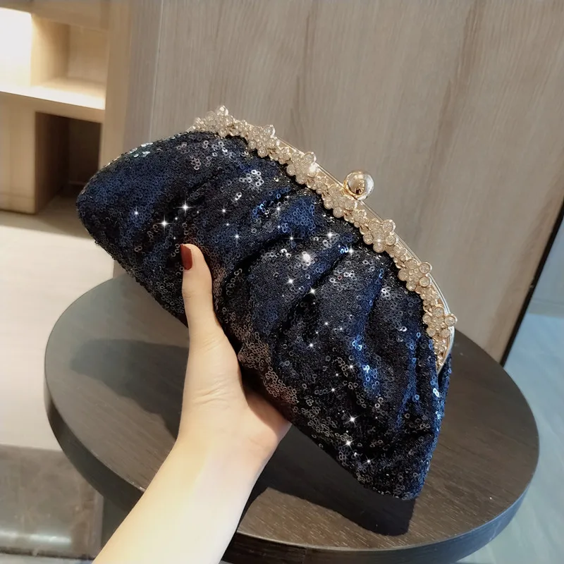 Dark Blue Clutch Bag Women Bling Sequin Purses and Handbag Diamonds Women's Wallet Chain Shoulder Female Party Clutch