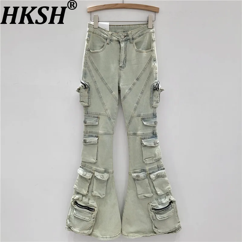 

Джинсы-клеш женские HKSH 2026, весенняя новинка, нишевый дизайн, с множеством карманов, стройнящие, универсальные, элегантные, рваные, в стиле ретро, джинсовые брюки HK19087