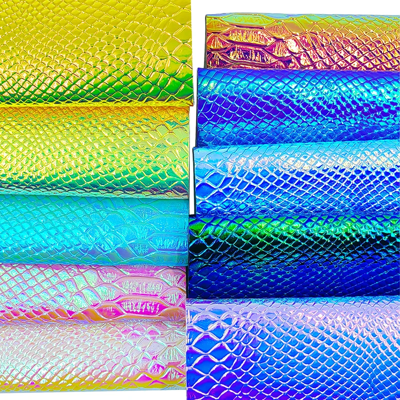 10 pcs A4 Holographic Snake Embossing PU Faux Leather Sheets, for Making DIY Crafts,Handbags Leather Earrings 20X30CM