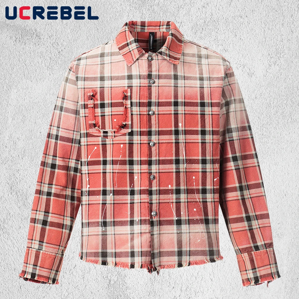 Splash Ink Plaid Long Sleeve Shirts Mens Raw Hem  Spring Retro High Street Gradient Dyed Lapel Single Breasted Cotton Shirts Man