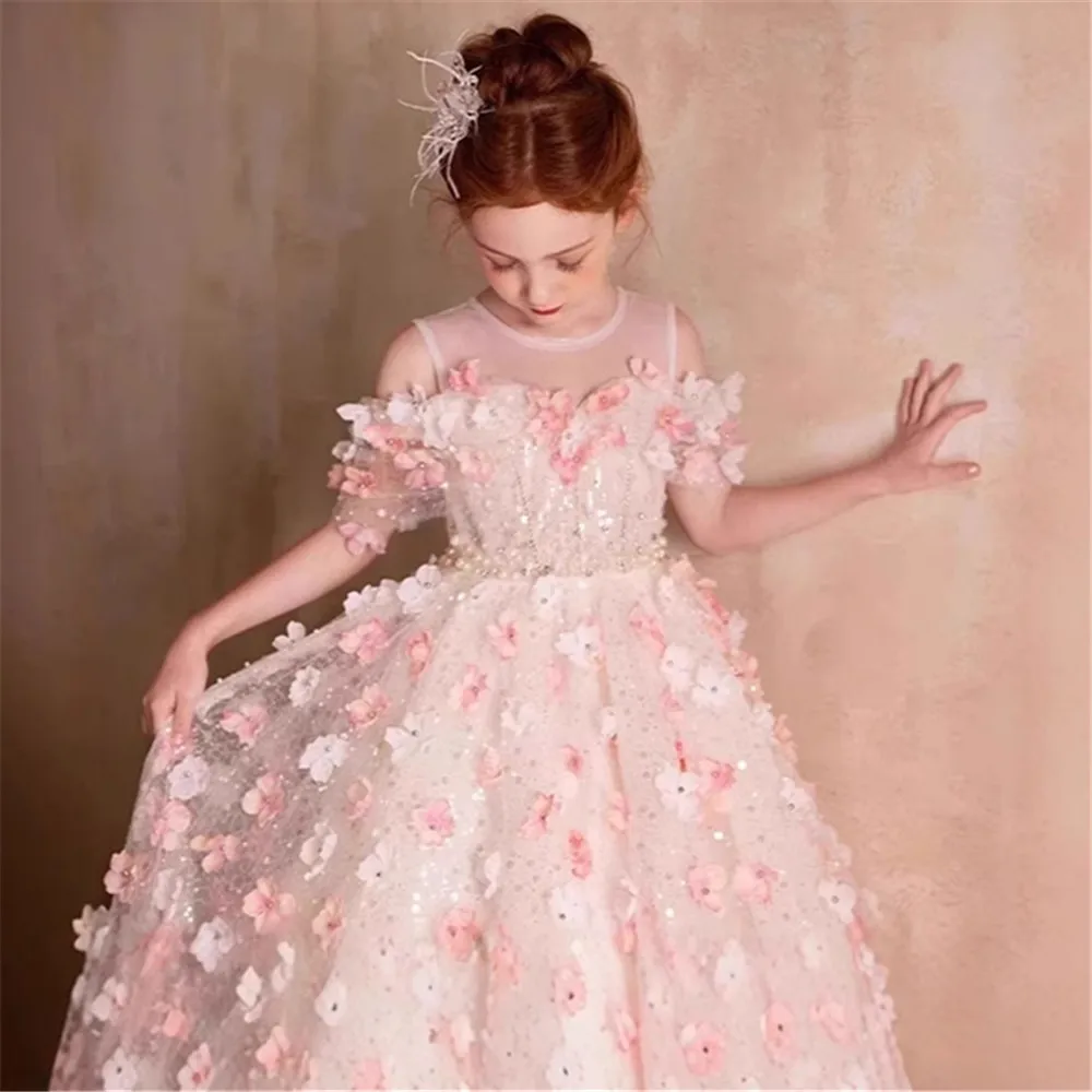 Abito da ragazza di fiore lilla di lusso Mezza manica Fiori 3D per bambini Abito da ballo per principessa, spettacolo di nozze, festa di compleanno