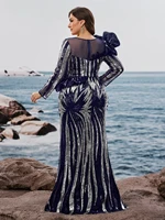 Plus Size Luxury Ruffled Sequins Evening Dresses Elegant Long Sleeve Mermaid Formal Wedding Party Cocktail Gowns 3