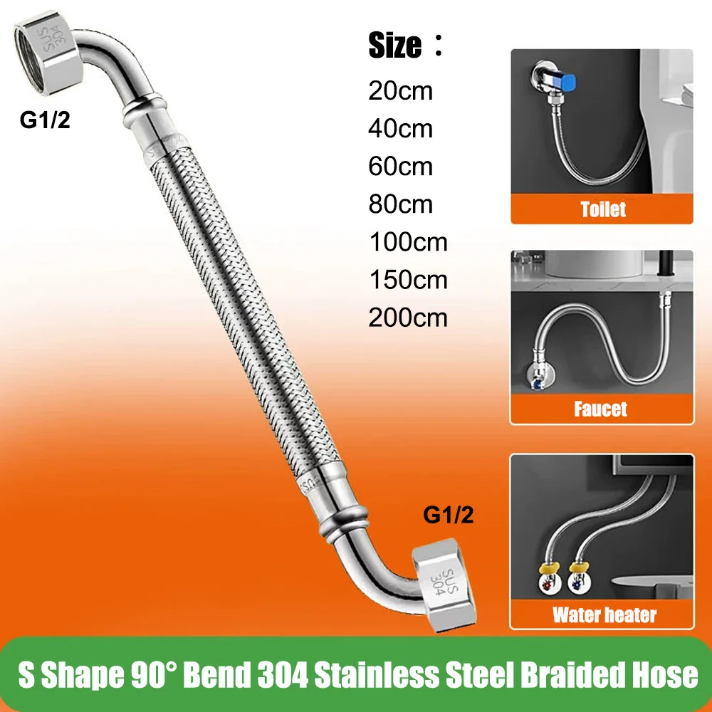 Double Elbows 304 Stainless Steel Braided Hose Water Heater Toilet Angle Valve Faucet Hot Cold Water Inlet Pipe Bathroom Accesso