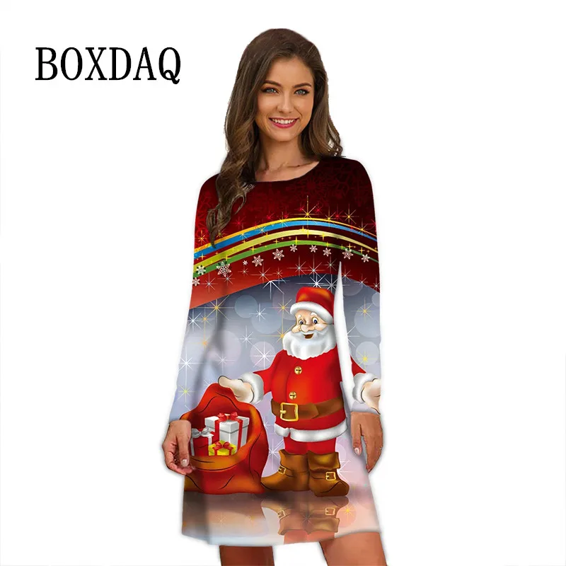 2024 Christmas Dress Women Winter Long Sleeve Cartoon Santa Claus Print Dress Elegant Casual Party Loose A Line Dress Oversized