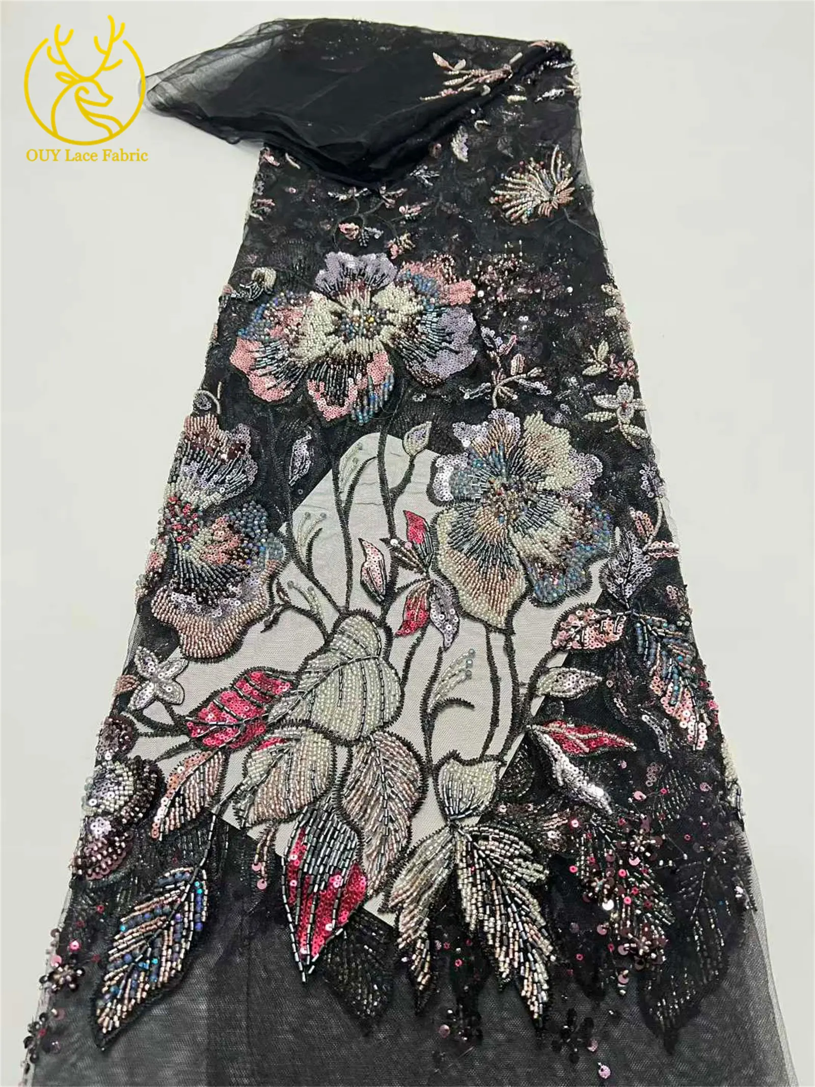Afrikanischer schwerer Perlen-Spitzenstoff, 5 Yards, luxuriöse französische Pailletten-Spitze, Nigeria-Stickerei, Tüllspitze für Hochzeitskleider – Detail 10