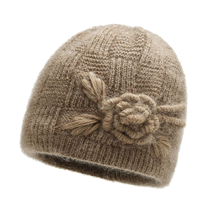 Women Warm Flower Beanie Cap Hat Lady Autumn Winter Thick Knitted MOM Grandmother Cap Hat For Women