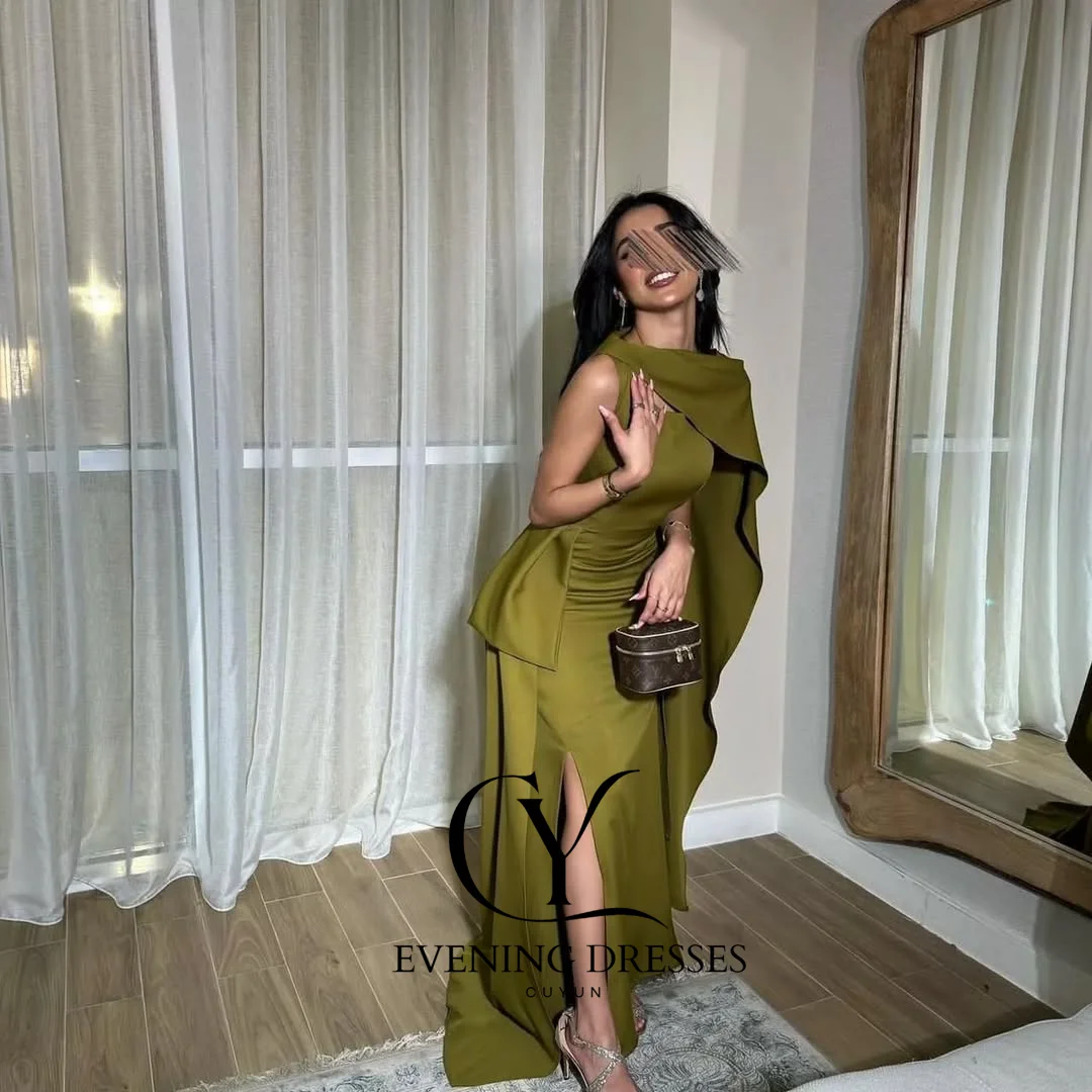 CUYUN Sage Green Saudi Evening Gown Sleeveless Customized Elegant Formal Event Dresses Prom Party Gown for Wedding Banquet