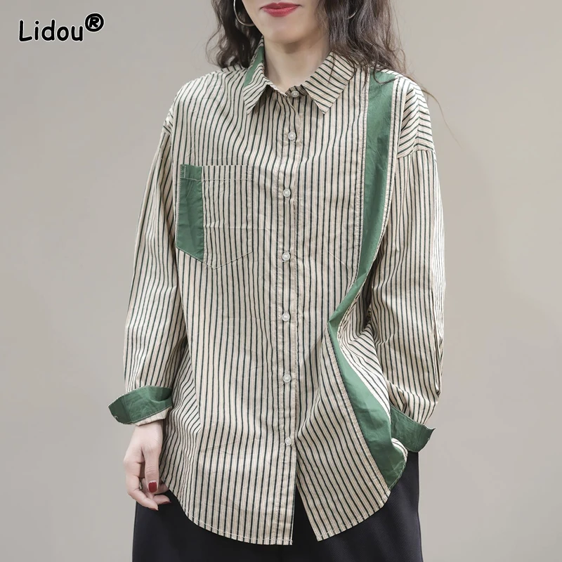 

2023 Spring and Autumn Fashion Commuting Simplicity Casual Art Flip Collar Stripe Blocked Loose Oversized Women's Shirt