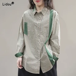 Camisa grande e solta feminina, pendulares na moda, simplicidade, gola com aleta, com listras, arte casual, primavera e outono, 2023