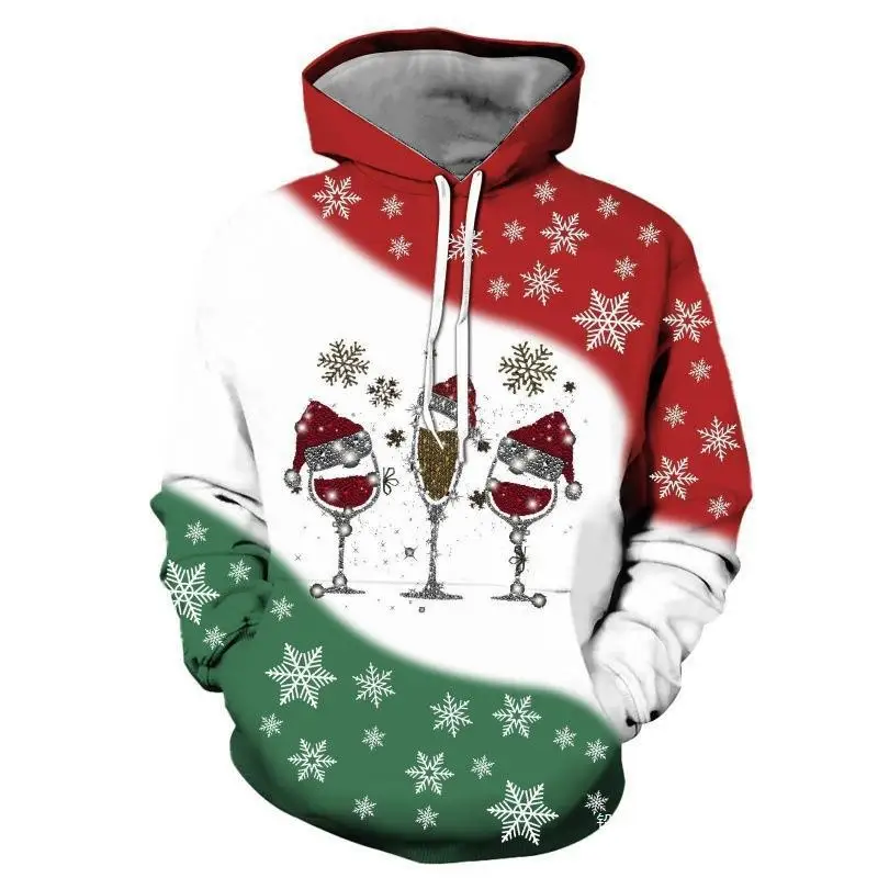 Fashion Trends Halloween Men's Hoodie Christmas 3D Digital Printed Long Sleeve Hoodie Santa Claus Red Wine Scarf Moose