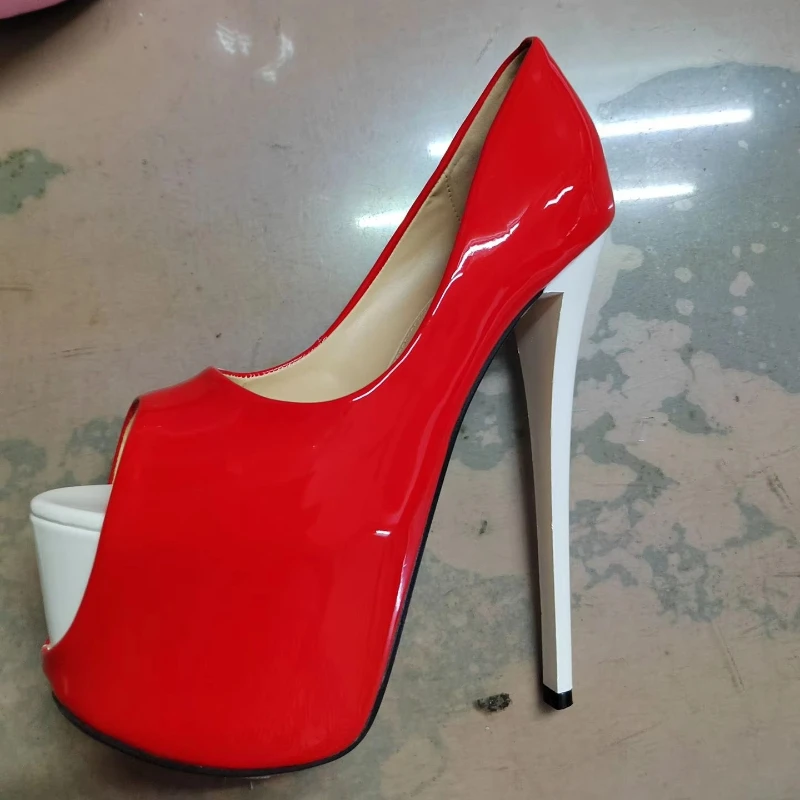 Sexy 19cm Thin High Heels Patent Leather Thick Soled Shoes for Women's Evening Party Open Toe 7.5 Inches Pumps Big Size