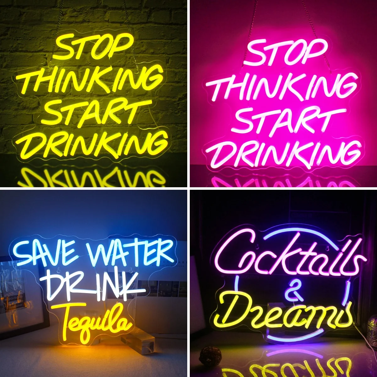 

Stop Thinking Start Drinking Neon Sign LED Bright Night Lights Bar Room Home Studio Hanging Wall Decoration Acrylic Panel Lights