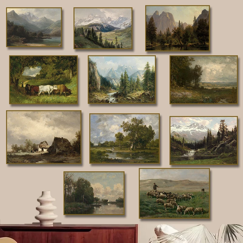 Vintage Snowy Mountain River Forest  Sheep Landscape  Poster Moody Rustic Countryside Art Canvas Painting Print Home Decor