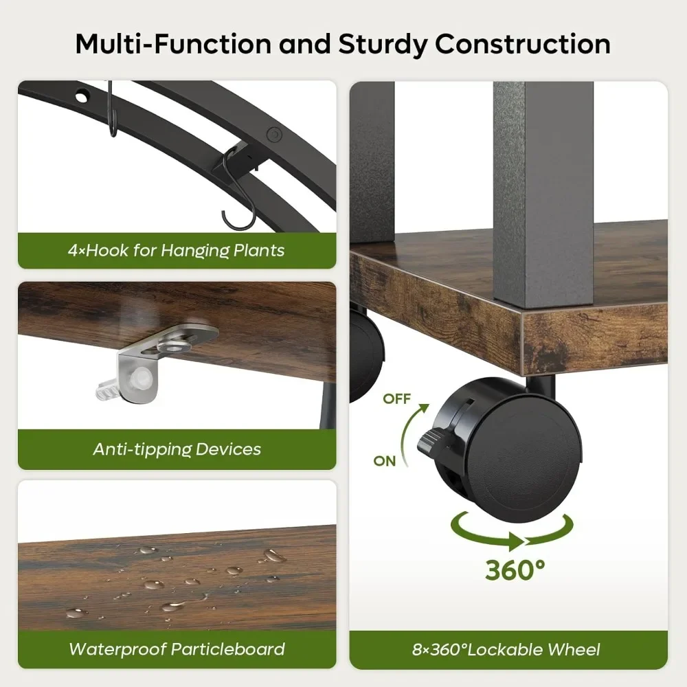 Suporte de planta de 2 pces interno com luzes de cultivo, suporte de planta de metal de 6 camadas com rodas para plantas múltiplas, suporte de planta grande