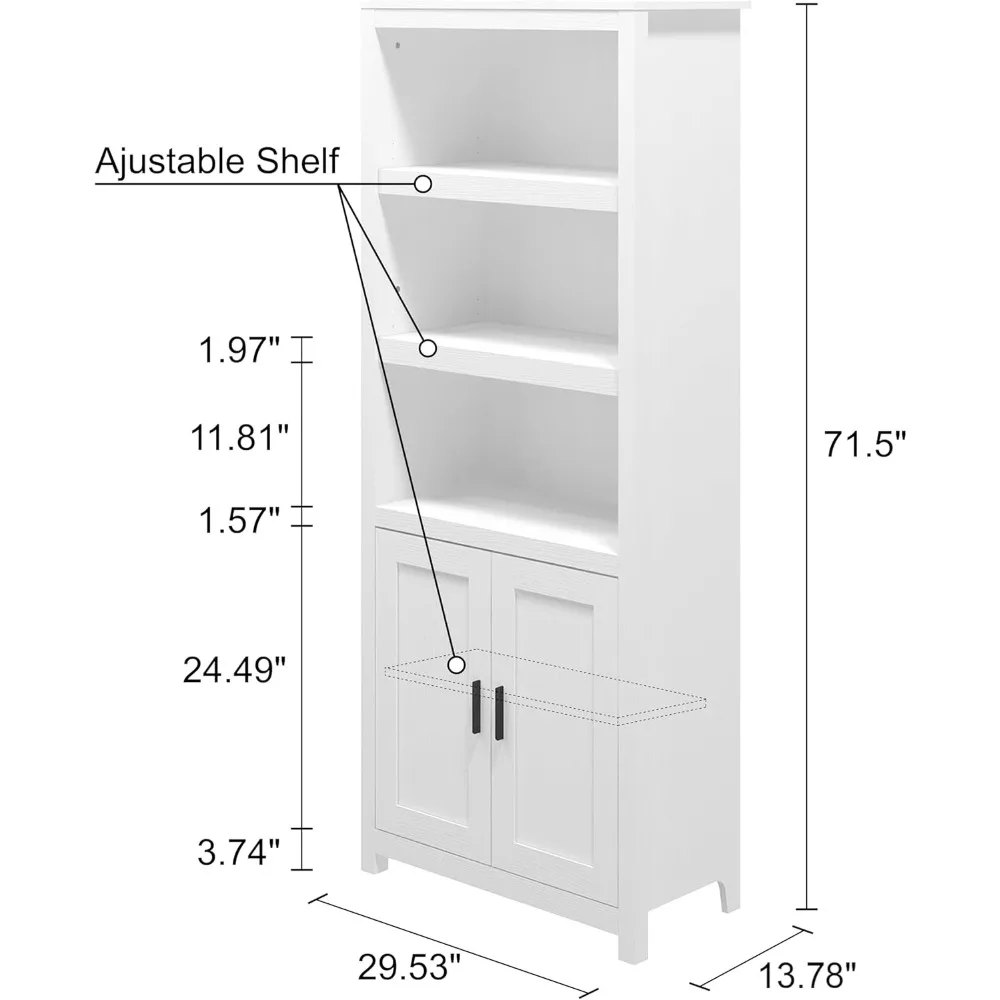 خزانة كتب بانانا بأبواب، 5 أرفف عرض قائمة بذاتها مع منظم تخزين الخزانة وأثاث المكاتب المنزلية (أبيض)