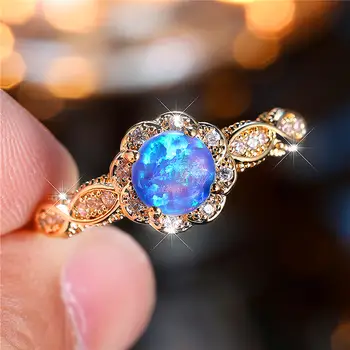 奢華女士藍色圓形蛋白石訂婚戒指,時尚金色新娘結婚珠寶禮物 10 最佳銷售 藍色蛋白石戒指 - №2