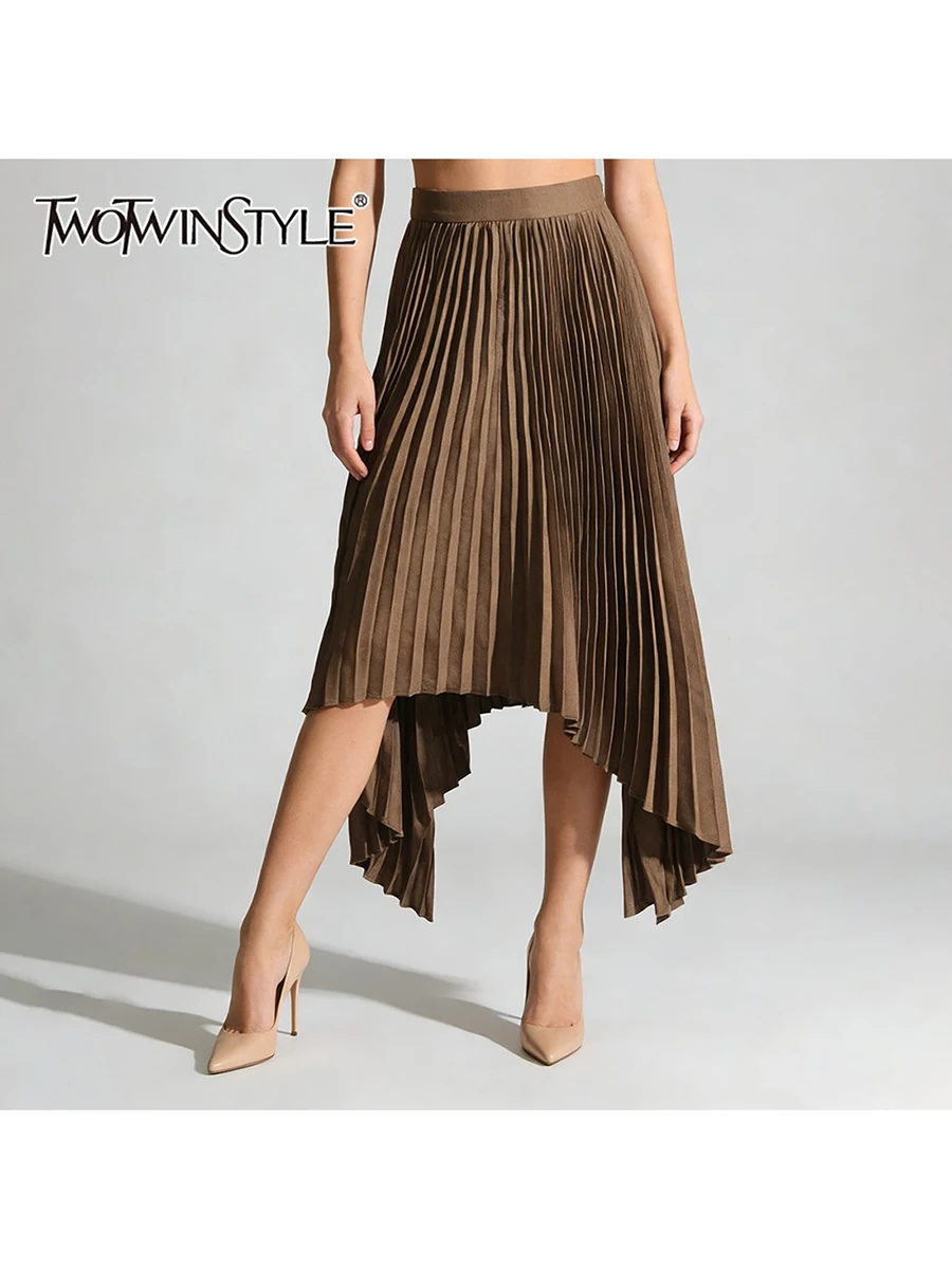 

TWOTWINSTYLE Fashion Loose Spliced Folds Irregular Skirts for Women High Waist Design Sense Long Skirt Female Winter Clothes New